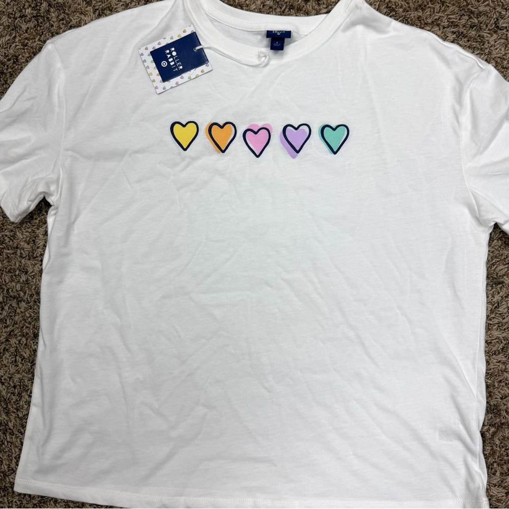Roller Rabbit White Tee with Yellow, Orange, Pink, Purple & Teal Hearts